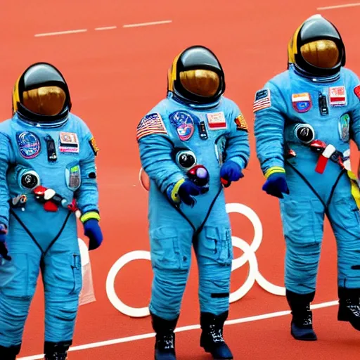 Image similar to 5 space astronauts in spacesuits of different colors, running in a relay race in a stadium, olympic games