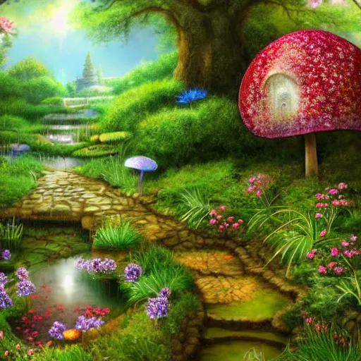 Image similar to secret garden in forest with flowers, toadstools, and pond, detailed airbrushed magical realism landscape painting 4 k