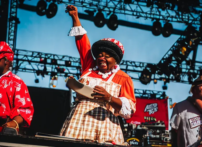 Prompt: photo still of aunt jemima in period attire at vans warped tour!!!!!!!! at age 4 0 years old 4 0 years of age!!!!!!! on stage tossing pancakes into the crowd, 8 k, 8 5 mm f 1. 8, studio lighting, rim light, right side key light