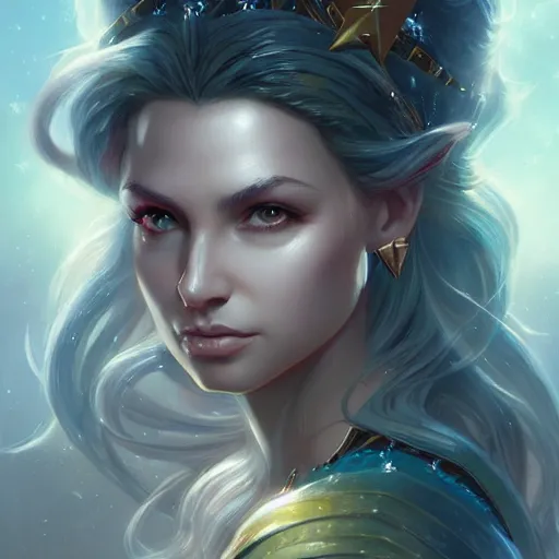 Image similar to star goddess, d & d, fantasy, portrait, highly detailed, digital painting, trending on artstation, concept art, sharp focus, illustration, art by artgerm and greg rutkowski and magali villeneuve