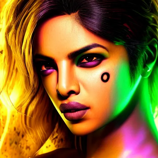 Image similar to Priyanka Chopra, neon face tattoo, cyberpunk background, straight hairstyle, white eyes, blonde hair, realistic render, short hair, unreal engine render, Icaro Carvalho