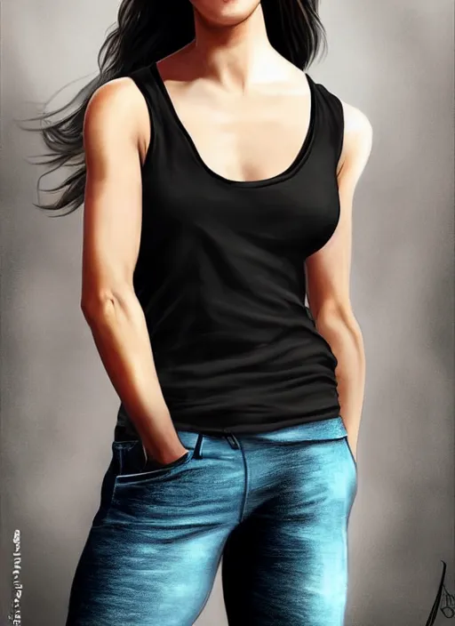 Image similar to full length photo of an smiling Oona Chaplin in a tanktop in the style of stefan kostic, not realistic, sharp focus, 8k high definition, insanely detailed, intricate, elegant, art by stanley lau and artgerm