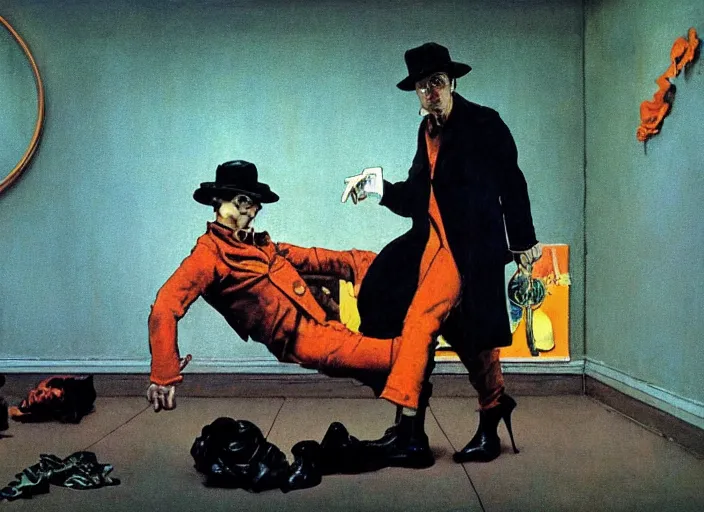 Prompt: a still from the film clockwork orange by francis bacon, surreal, norman rockwell and james jean, greg hildebrandt, and mark brooks, triadic color scheme, by greg rutkowski, in the style of francis bacon and syd mead and edward hopper and norman rockwell and beksinski, dark surrealism, open ceiling