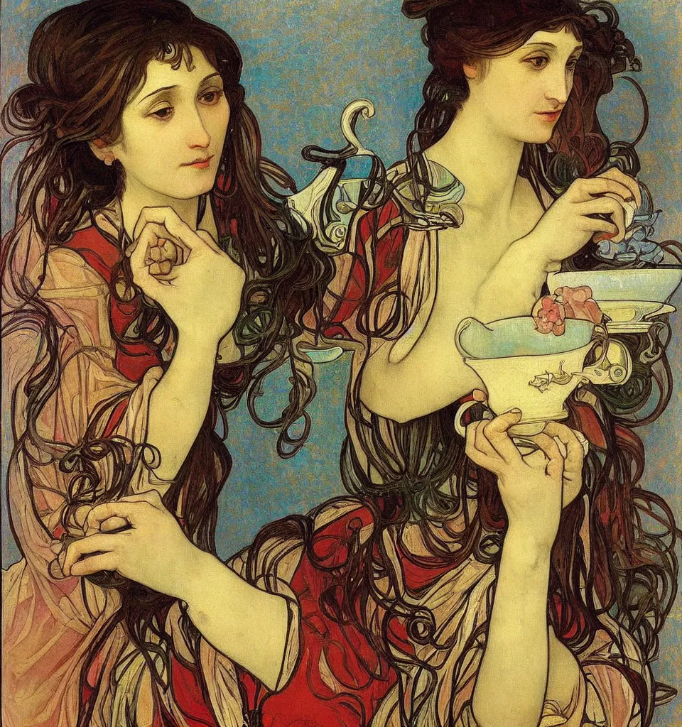 Image similar to a beautiful arrogant surreal greek lady drinking tea looking disdained, rennaisance painting, whimsical, pastel color palette, by leonardo da vinci and alphonse mucha