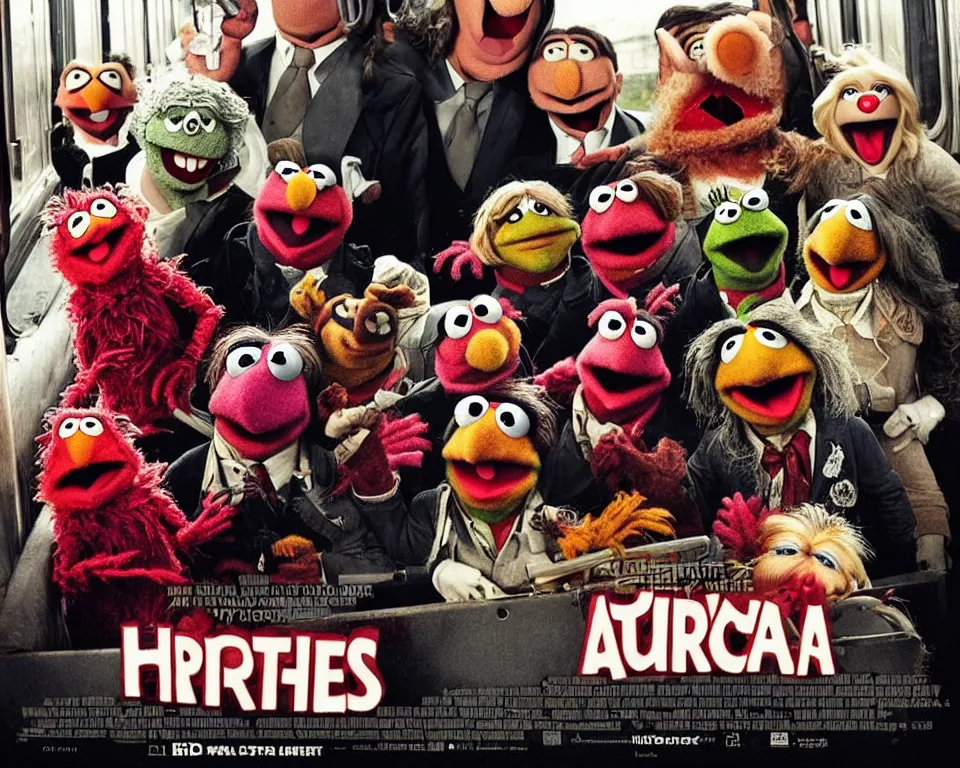 Image similar to a horror movie poster featuring muppets hijacking a train