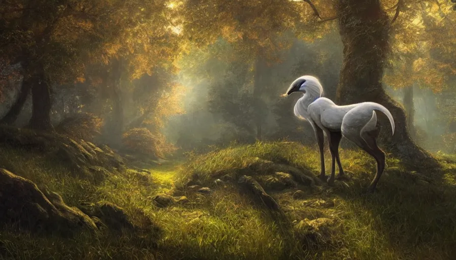 Prompt: A beautiful detailed painting of a griffin in a magical forest, ray traced sun light, by john sargent and Kalin Popov , Trending on artstation HD.