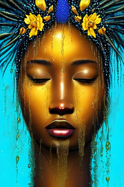 Image similar to hyperrealistic precisionist cinematic profile very expressive! black oshun goddess, sleeping in water!, mirror dripping droplet!, gold flowers, highly detailed face, digital art masterpiece, smooth eric zener cam de leon, dramatic pearlescent turquoise light on one side, low angle uhd 8 k, shallow depth of field