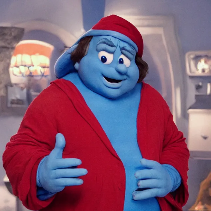 Image similar to jack black as papa smurf live action movie, 8 k,