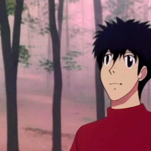 Image similar to a still of a 90s OVA of a man with black hair wearing a red shirt in a forest