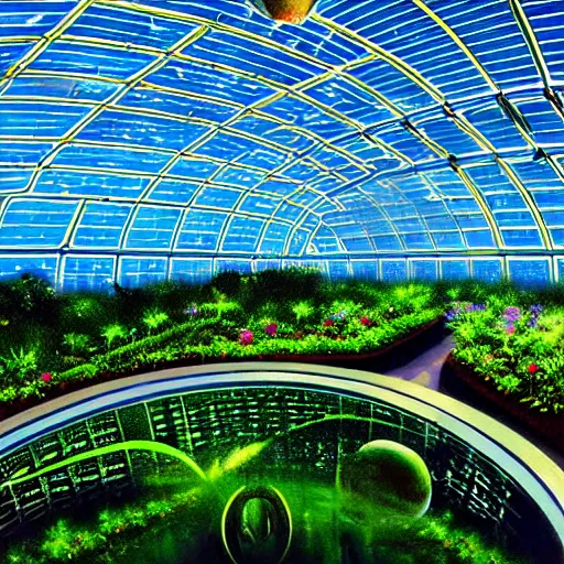 Image similar to a cinematic view of a deepspace solar powered space habitat colony, large domed greenhouses with exotic plants, retrofuturism, scifi art, oil on canvas, biodome, stars in the sky above, details, hyper - detailed, hd, hdr, 4 k, 8 k