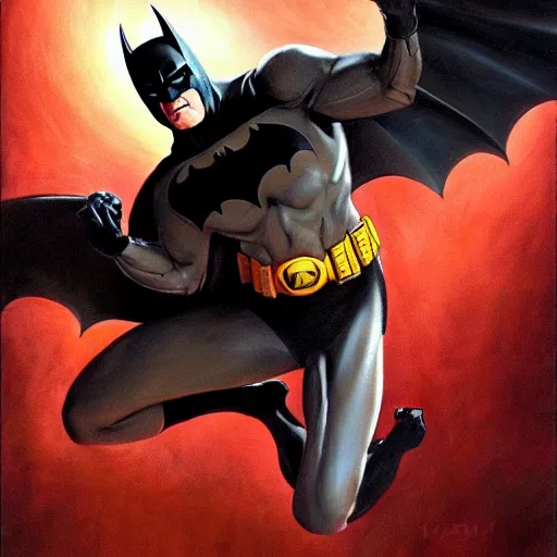 Image similar to an ultra - realistic portrait painting of batman in the style of frank frazetta. 4 k. ultra - realistic. highly detailed. dark fantasy. epic lighting.