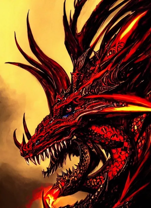 Prompt: A dragon with ornate red and gold scales, blue eyes, breathing fire. In style of Yoji Shinkawa and Hyung-tae Kim, trending on ArtStation, dark fantasy, great composition, concept art, highly detailed.