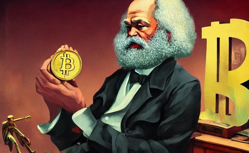 Image similar to Karl marx Holding bitcoins and dreaming about capitalism, highly detailed, very coherent, painted by Francis Bacon and Edward Hopper, Wayne Barlowe, painted by James Gilleard, surrealism, airbrush, art by JamesJean