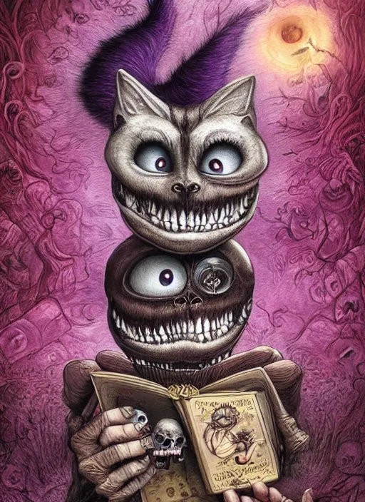 Prompt: cheshire cat having a cigar death tarot card, highly detailed, half skull face, cinematic, 8 k, bymegan duncanson, benjamin lacombe, naoto hattori, adrian borda, giger, trending on deviantart, hyper detailed, horror, full of colour