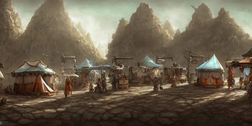 Image similar to robotic merchants in tents, trading town square, matte oil painting, retrofuturistic, concept art, quarrying, science fantasy, mutant, lgbt, queer, rpg, epic, rusted, white salt, badlands, jungles, dungeons & dragons, sacred, sharp focus, award - winning, extremely detailed, 4 k, 8 k