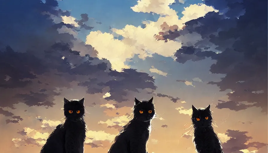 Image similar to contemporary semi abstract acrylic painting of really tall sitting cats by makoto shinkai, by greg rutkowski, thick brush strokes and visible paint layers, glistening clouds in background