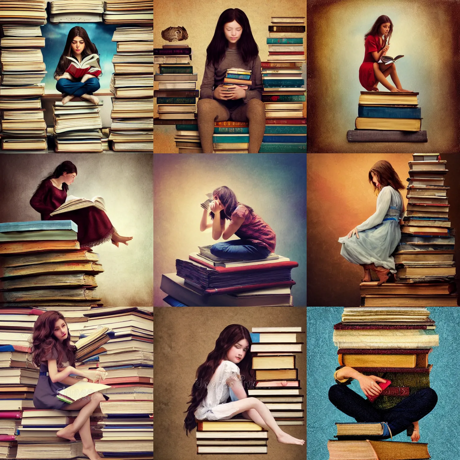 Prompt: digital painting of a brunette peasant sitting on top of a stack of books, a stock photo by oleg oprisco, cg society contest winner, academic art, extreme long shot, sigma 1 0 5 mm f 2., stockphoto, storybook illustration, artwork by wlop, artgerm