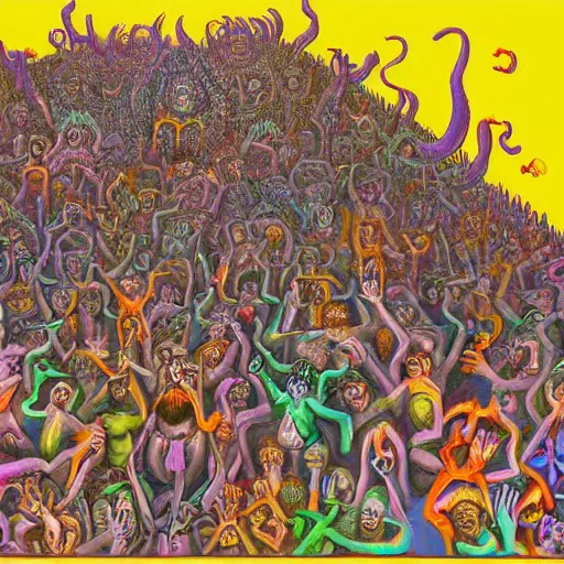 Image similar to digital painting of demons in rave party in hell by Chor Boogie, intricate details, ultra detailed, 4K, award-winning, touch of M. C. Escher