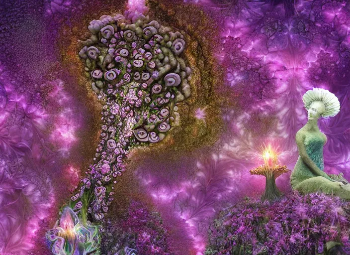 Image similar to glowing delicate flower and mushrooms that grow in a dark fatansy forest on the planet Pandora, an idealistic marble statue with fractal flowery hair in a fractal garden,