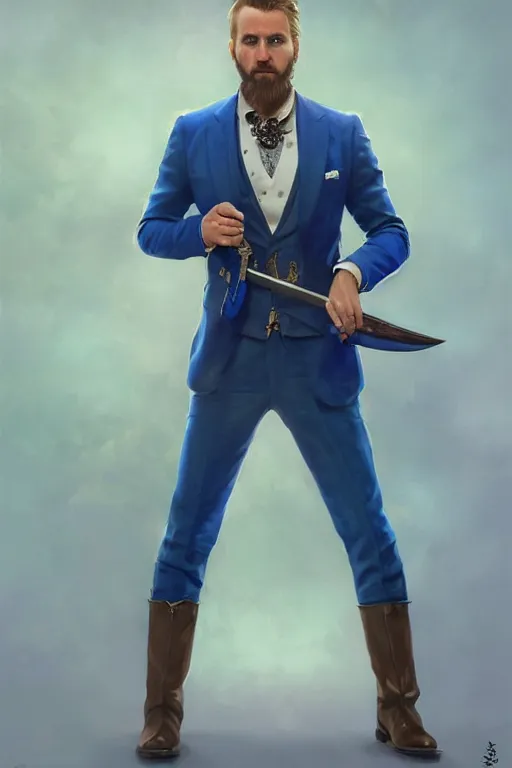 Image similar to a swedish man in a blue suit with a jeweled sword and a pistol, highly detailed, d & d, fantasy digital painting, trending on artstation, concept art, sharp focus, illustration, global illumination, ray tracing, realistic shaded, art by artgerm and greg rutkowski and fuji choko and viktoria gavrilenko and hoang lap