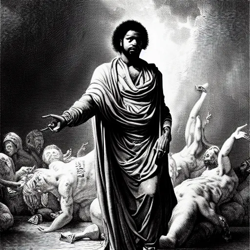 Image similar to fredo santana rapper holding stacks of cash, biblical image, style of gustave dore, highly detailed, beautiful, high contrast, black and white