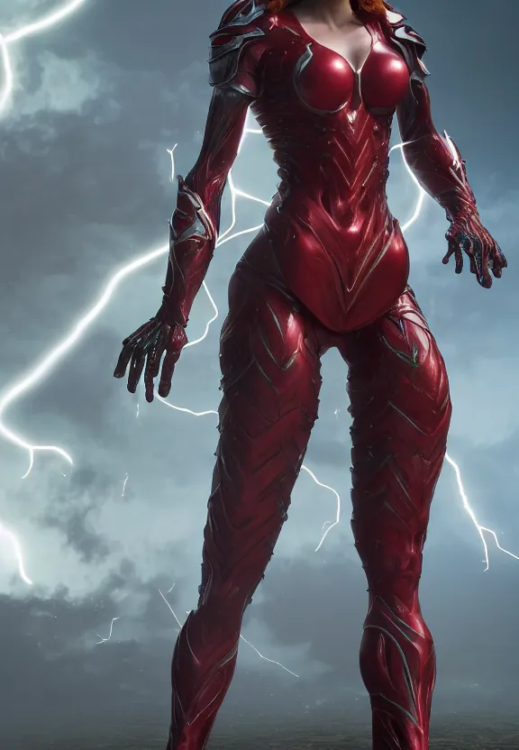 Prompt: vfx, octane render, zbrush, beautiful anatomically correct woman, wearing spandex armour with flowing red hair and green eyes, super hero full body, walking towards the camera, volumetric lightning, highly detailed, UE5 render, art station, center of picture.