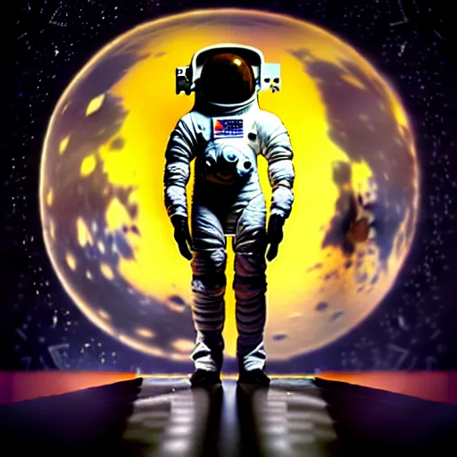 Image similar to full-body dark creepy baroque style oil painting realism a headless astronaut on the moon with futuristic elements. no head, empty helmet occult symbolism headless full-length view. standing on ancient altar eldritch energies lighting forming around disturbing frightening intricate design in helmet, hyper realism, 8k, depth of field, 3D