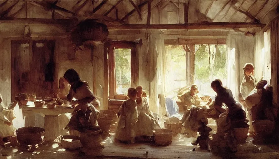 Image similar to simple villager family about to eat a meal together in their beautiful simple cottage home, art by anders zorn, wonderful masterpiece by greg rutkowski, beautiful cinematic light, american romanticism thomas lawrence, greg rutkowski