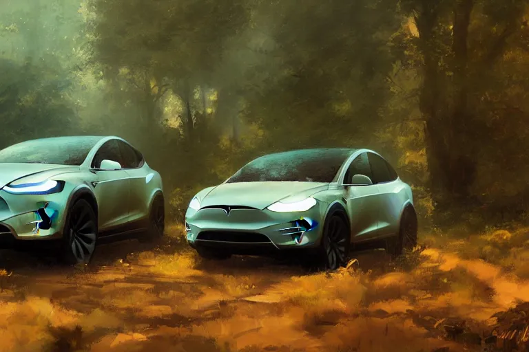 Image similar to A painting of a Tesla Model X in a forest by Craig Mullins, dramatic lighting, cinematic, establishing shot, extremely high detail, artstation