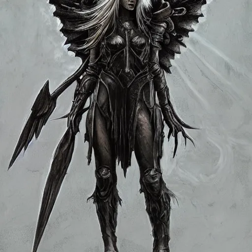 Prompt: Gloomy gothic girl angel in armor in style Warhammer 40000 by zdislav beksinski and artgerm from artstation
