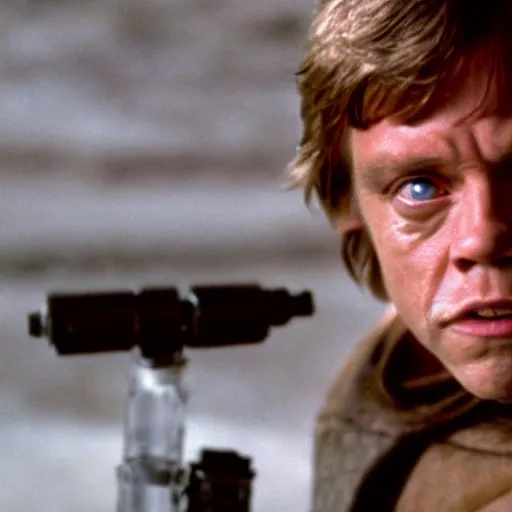 Prompt: A still of Mark Hamill as Luke Skywalker in Star Wars, 1990, Directed by Steven Spielberg, 35mm