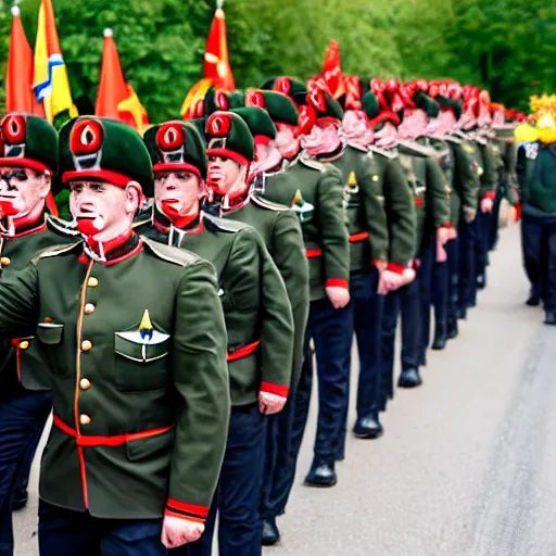 Image similar to a parade of the german army, the army is wearing clown hats.