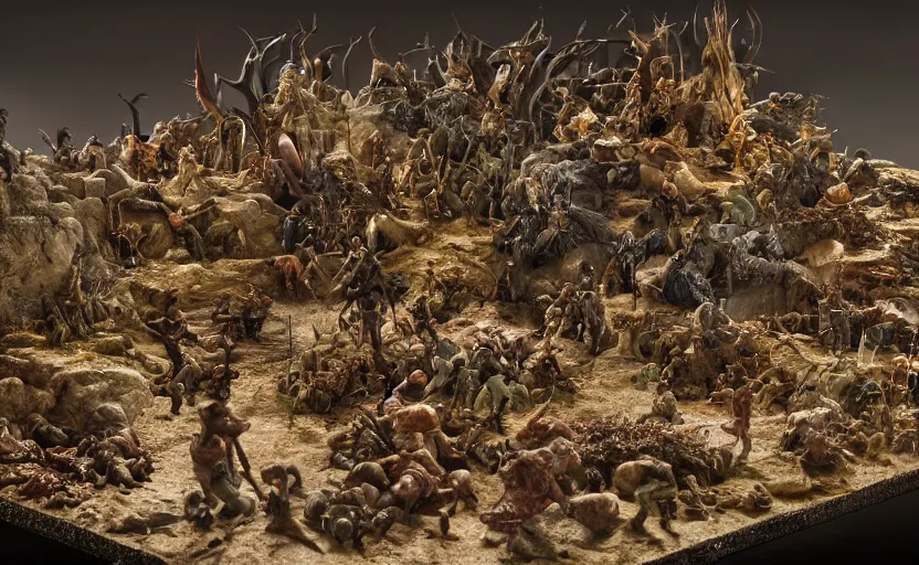 Prompt: stunning photograph of a claymation diorama of the battle of the pelennor fields, detailed, by erwin olaf, joop geesink, jim henson, brian froud, 8 k resolution, beautiful lighting, studio light, extremely detailed, establishing shot, realistic materials, hyperrealistic