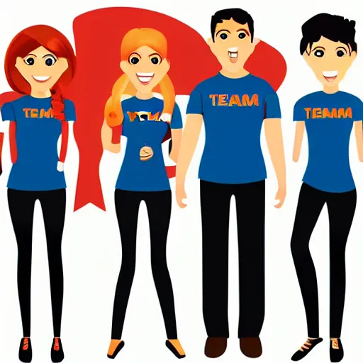 Image similar to team of 4 excited people in team uniform, vector illustration, minimal face features, vector illustration, white background