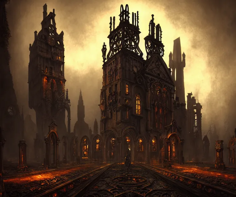 Image similar to steam necropolis, memento mori, gothic, neo - gothic, art nouveau, hyperdetailed copper patina medieval icon, stefan morrell, philippe druillet, ralph mcquarrie, concept art, steampunk, unreal engine, detailed intricate environment, octane render, moody atmospherics, volumetric lighting, ultrasharp, ominous, otherworldly