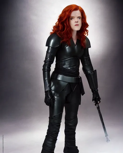 Image similar to rose leslie portraying a beautiful mara jade from star wars legends, beautiful rose leslie mara jade, in a black suit, without lightsaber, movie, hyper realistic, hollywood promotional image, imax, 8 k