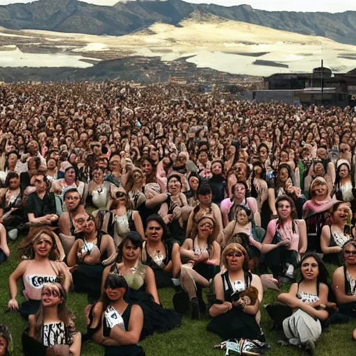 Image similar to the Ryan Gosling army filled the field, against the backdrop of a mountainous area