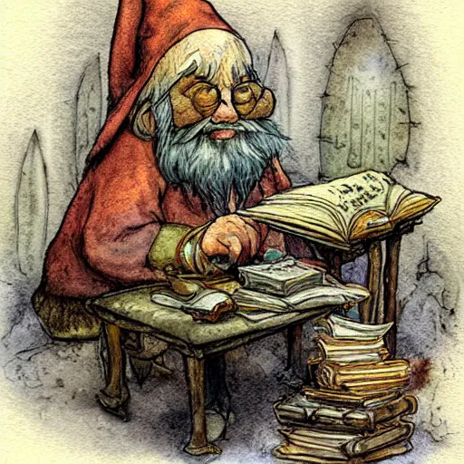 Image similar to dramatic light volumetric light hobbit knome elf whimsical fantastical a muted color watercolor sketch of a old man sitting in big chair next of a fireplace in his whimsical fantastical hobbit house living room surrounded by stacks of books from a whimsical fantastical story book character ifrom the book Baltimore & Redingote by Jean-Baptiste Monge of an old man in the style of by Jean-Baptiste Monge that looks like its by Jean-Baptiste Monge and refencing Jean-Baptiste Monge