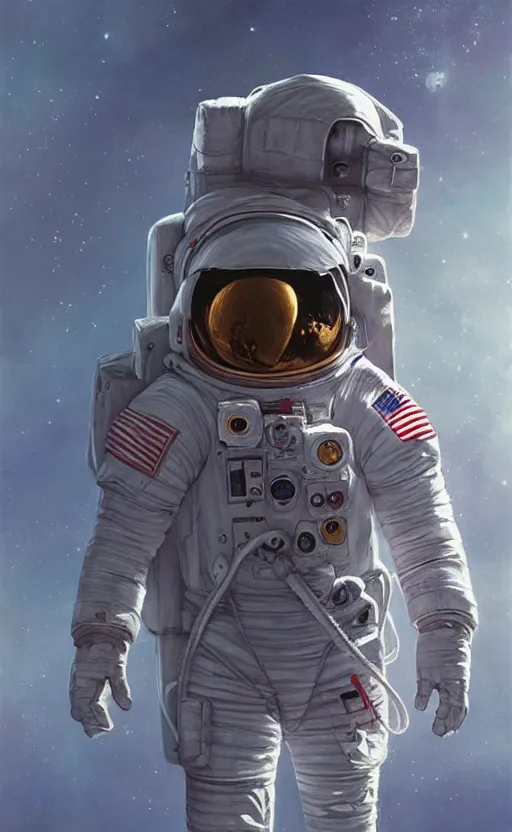 Image similar to a beautiful artwork half-body portrait of an astronaut on the moon, by greg rutkowski and jesper ejsing and raymond swanland, featured on artstation, wide angle, vertical orientation