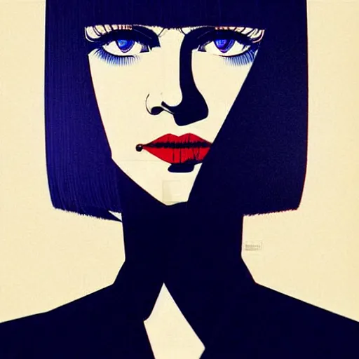 Image similar to woman with bobcut haircut with friendly blue eyes and slim features looking askance while smoking, underground box office hit, satire and seventies italian horror movie, intricate, ultra detailed 8 k, best, cool, extremely beautiful and aesthetic shape of face and neck, art by hiroaki samura and ilya kuvshinov and rossdraws and andy warhol, inverted