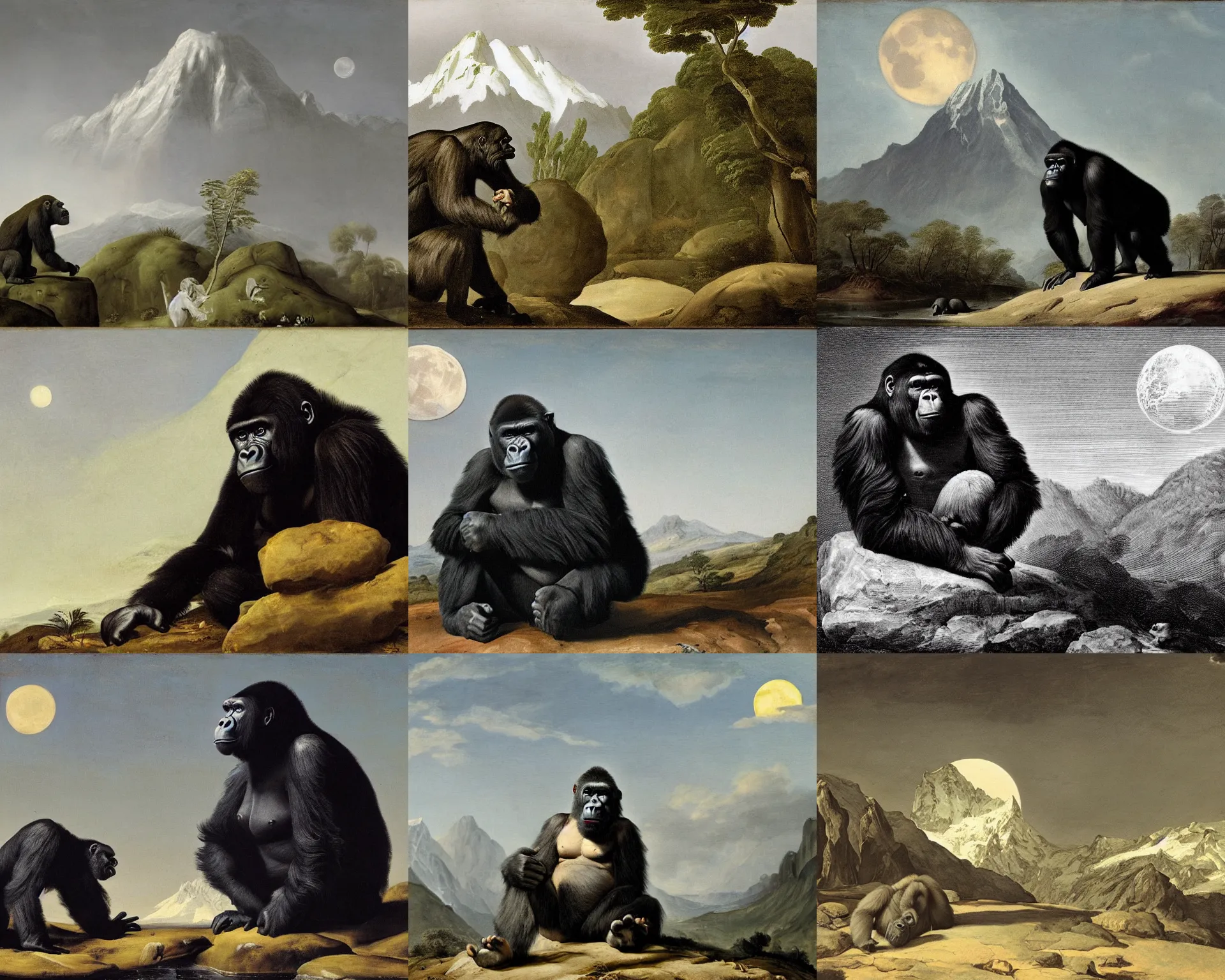 Prompt: gorilla, mountain, moon by pieter claesz