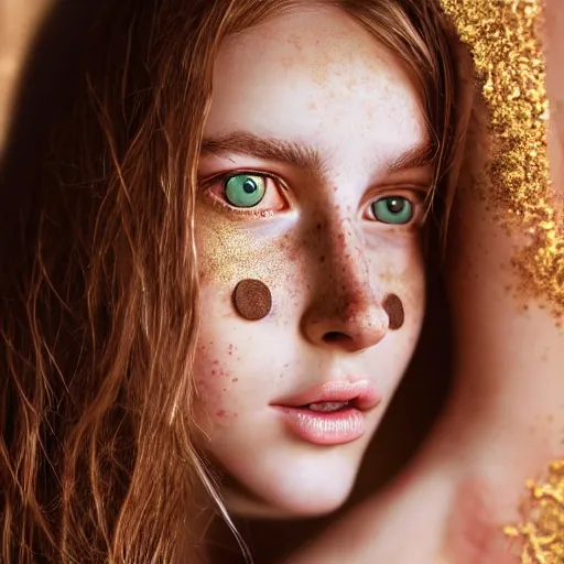 Prompt: intricate crisp portrait of a cute thin young woman, light bronze brown hair, very detailed vivid green eyes, red blush, light freckles, soft smile, casual clothes, relaxing on the couch, home interior, golden hour, close up shot, 8 k, art by irakli nadar, hyperrealism, hyperdetailed, ultra realistic