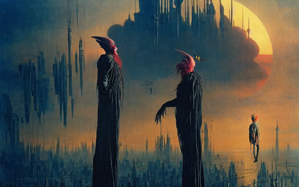 Image similar to realistic detailed portrait movie shot of a birdman wearing dark ragged robes, futuristic city sunset landscape background by denis villeneuve, amano, yves tanguy, alphonse mucha, ernst haeckel, max ernst, roger dean, rich moody colours