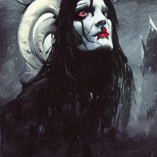 Prompt: close up portrait of a scandinavian undead witch female with ram horns, satanic kvlt by peder balke by peder balke by greg rutkowski, by guido crepax by norman bluhm mystic high contrast monochromatic noir angst pagan magic