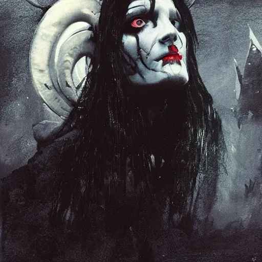 Image similar to close up portrait of a scandinavian undead witch female with ram horns, satanic kvlt by peder balke by peder balke by greg rutkowski, by guido crepax by norman bluhm mystic high contrast monochromatic noir angst pagan magic