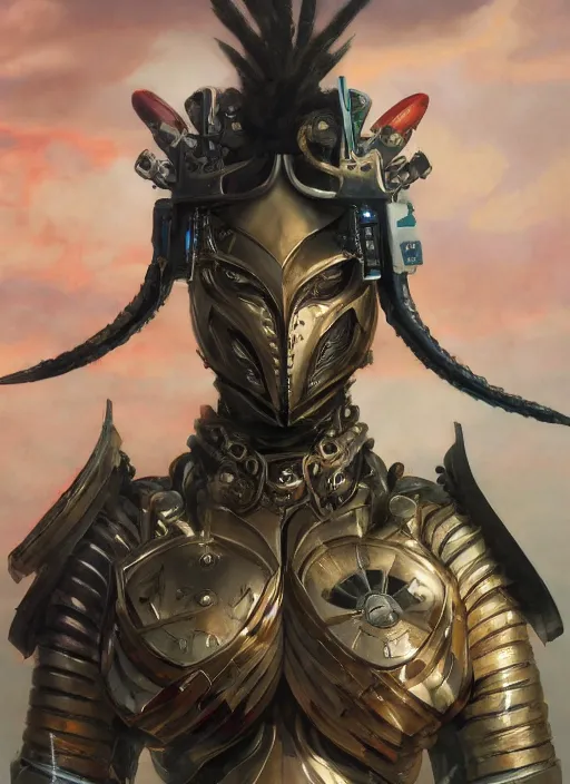 Prompt: symmetry!! closeup! of a pirate samurai girl, cyborg venom armor, in clouds, cinematic light, windy, sunrise, by gerald brom, by mikhail vrubel, by peter elson, muted colors, extreme detail, trending on artstation, 8 k