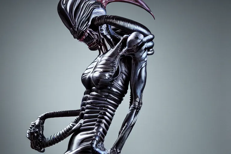 Prompt: beautiful xenomorph wearing a coctail dress, hyperrealistic, centered, 85 mm, by Terry Richardson, zeiss lens, award winning, 8k, behance portfolio