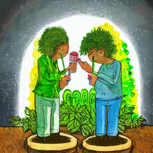 Image similar to a couple watering each other's heads which are made of plants and the sun is shining