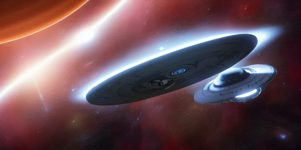 Image similar to hyperrealistic render of the enterprise c from star trek with nacelles behind the saucer section orbiting a gas giant planet hyperdetailed, main focus on the enterpise from star trek, artstation, cgsociety, in the style star trek 8 k