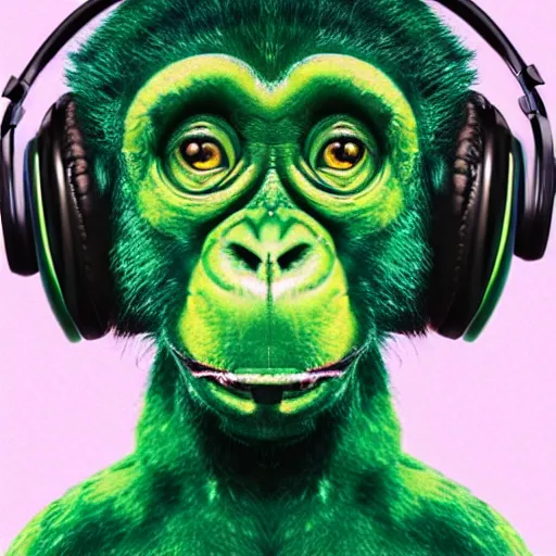 Image similar to a high quality photo of a green chimp wearing headphones, realism, 8k